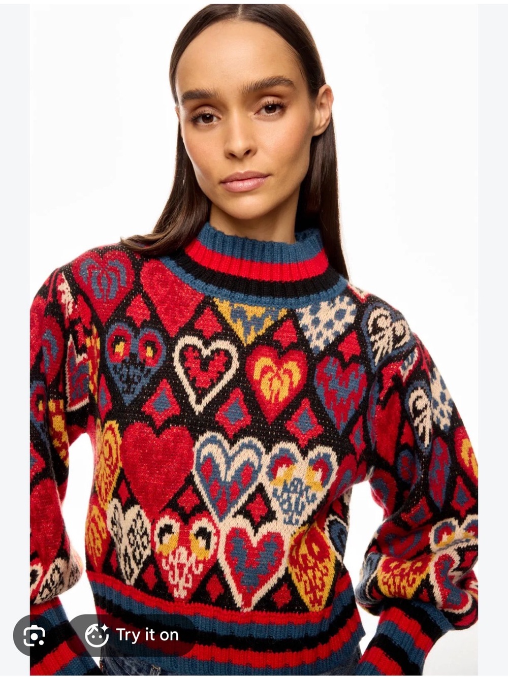 FARM Rio Red Multicolor Heart Jacquard Turtleneck Sweater